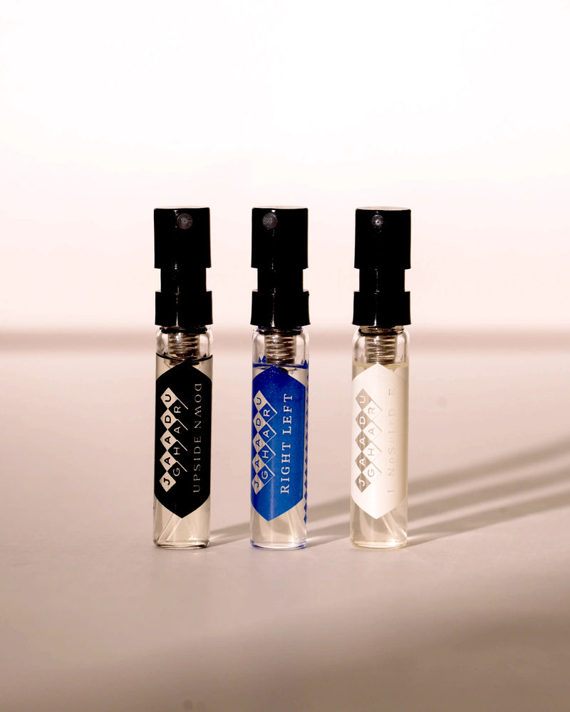 Three beautiful 2ml perfume samples from Jaadu Ghar, featuring the signature perfumes, RIGHT LEFT, INSIDE OUT, and UPSIDE DOWN. 